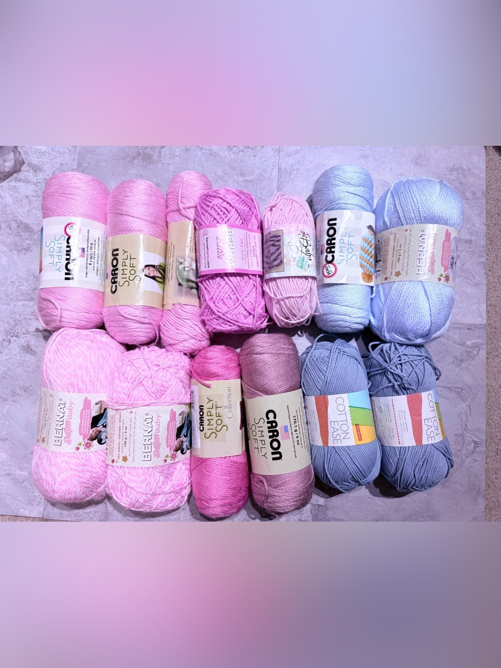 Yarn Destash Lot of 13 Baby Pastel Skeins – Caron Simply & Bernat, Pink & Blue